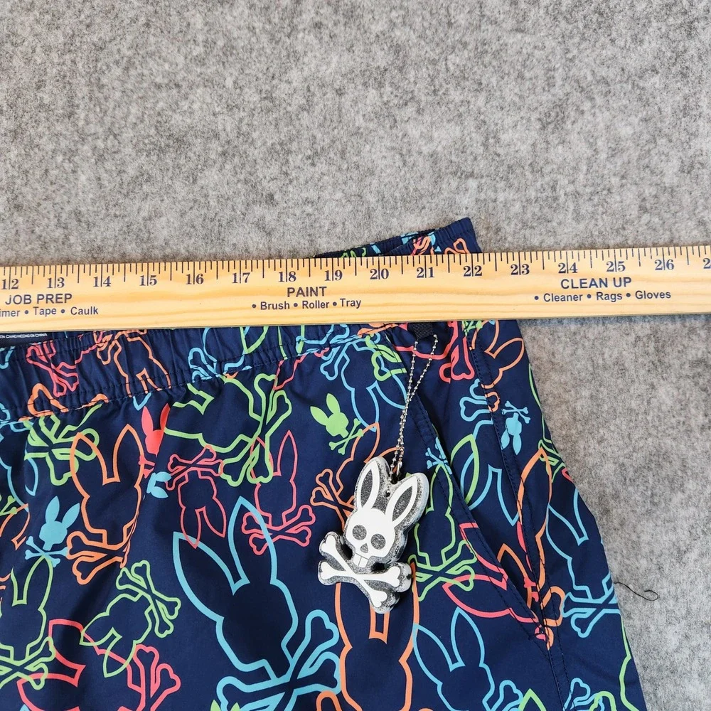 NEW Psycho Bunny Swim Trunks Men 3XL Blue Neon Bunny Print Mesh Lined Shorts